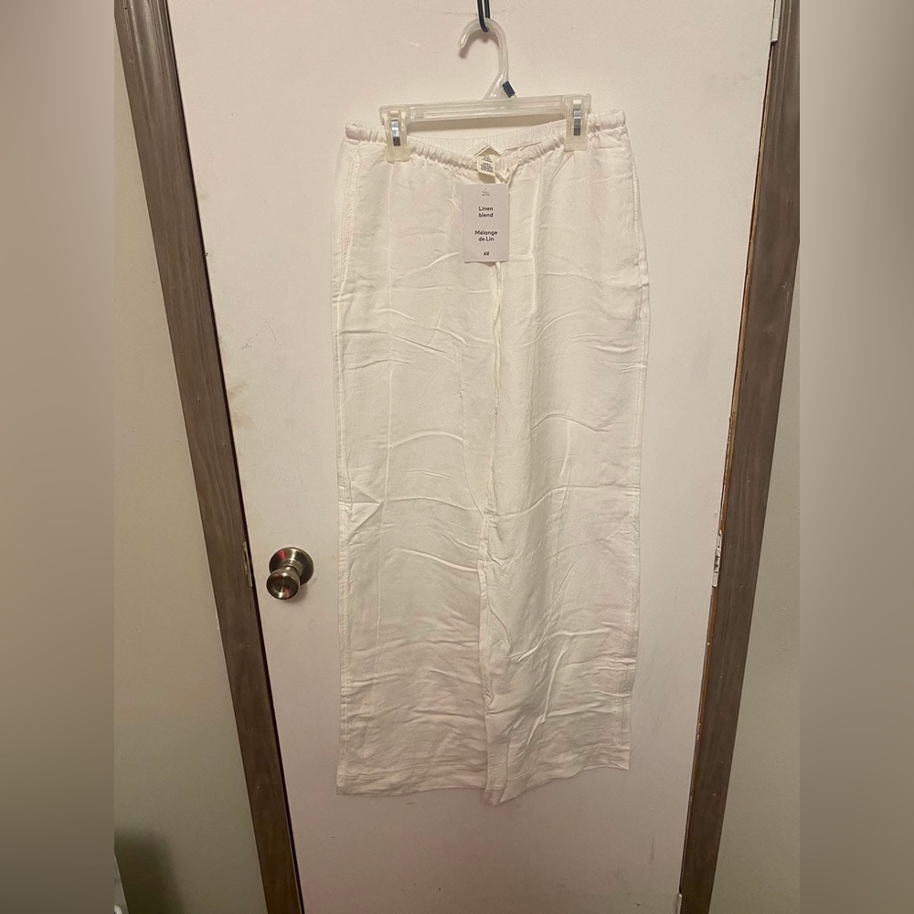 H&M White Linen-Blend Wide Leg Pants with Drawstring